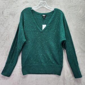 INC International Concepts Womens Medium Green Sequin V Neck Long Sleeve Sweater